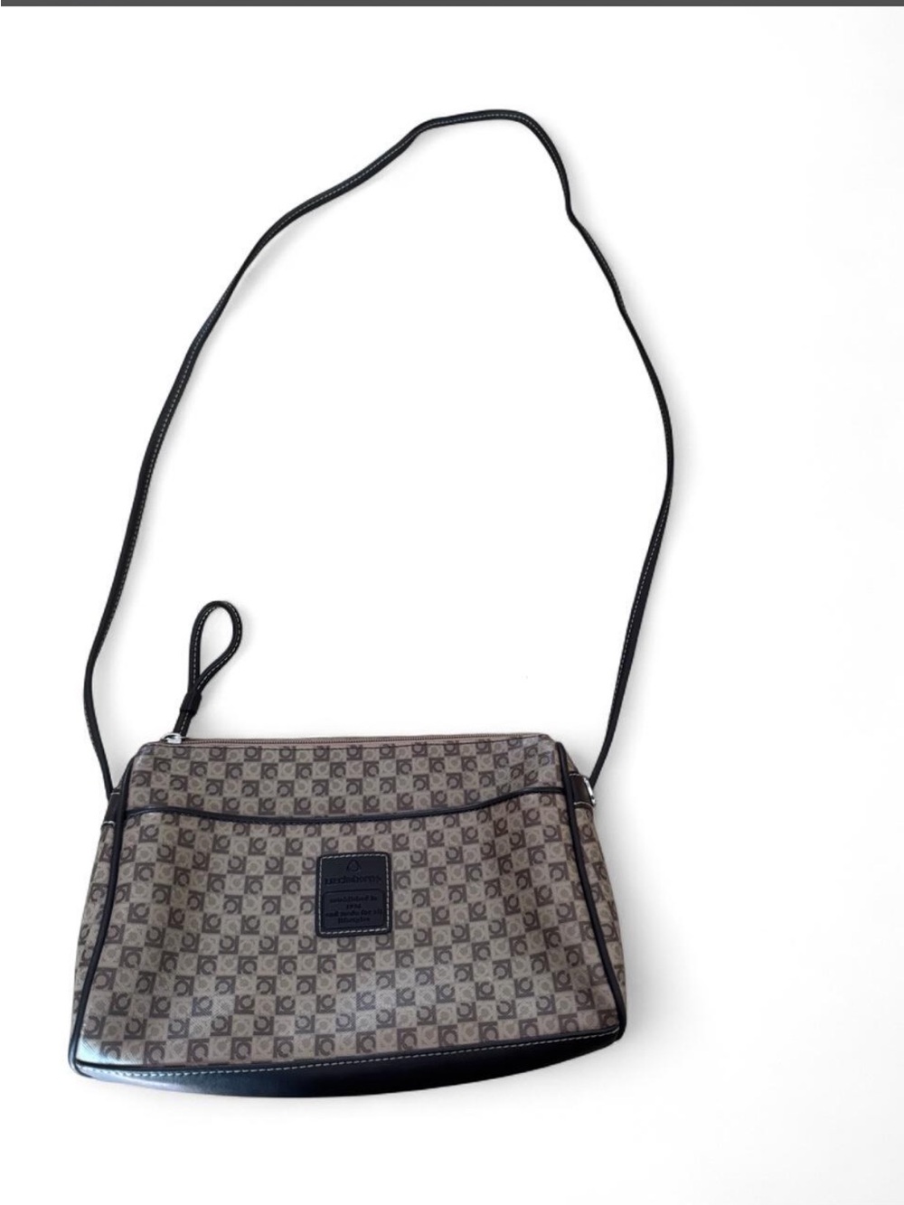 Liz Claiborne Monogram Pattern Brown Purse with Black Trim